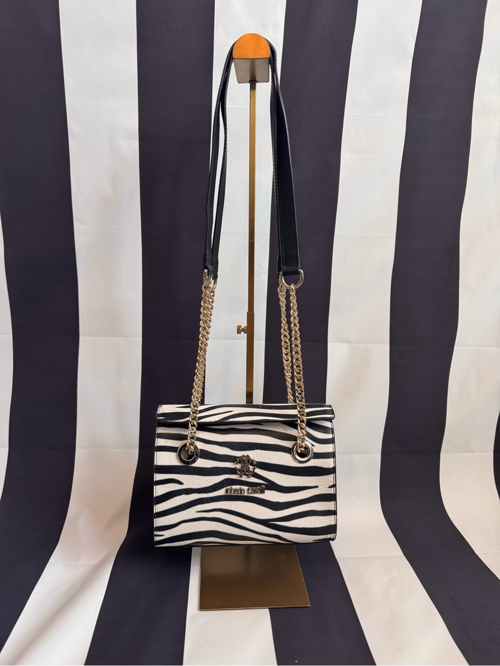 Roberto Cavalli Black White Zebra-Print Crossbody with Gold Chain